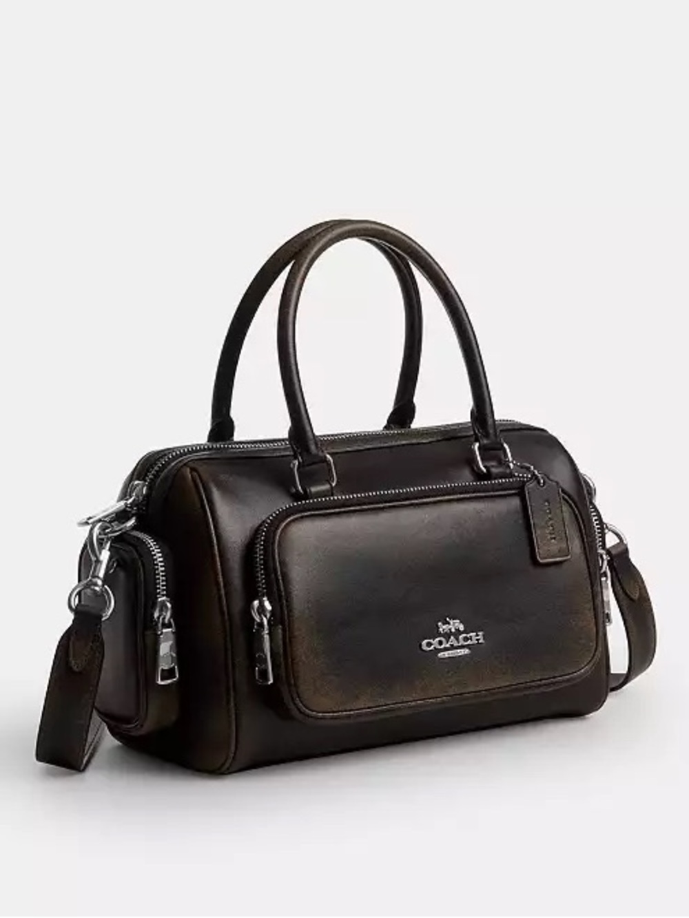 Coach Rowan Satchel Bag with Pockets in Loved Leather Silver/Black Brown NWT - Picture 2 of 12